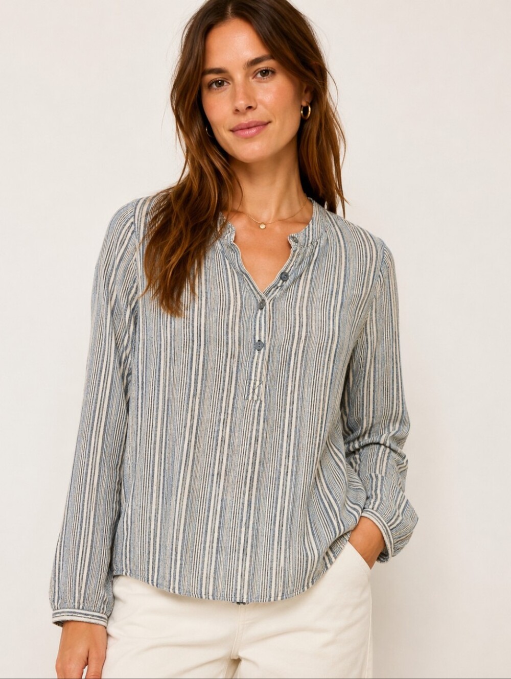 B.L.E.U. Women’s Gray Striped Linen Blend Long Sleeve Blouse Size S